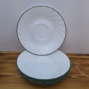 VTG Corelle "Callaway Ivy" Saucers White Swirl Green Rim 6pc Set